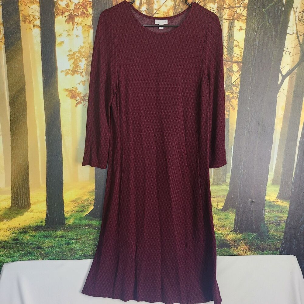 J. Jill Ponte Knit Tunic Stretch Burgund Diamond Geo Dress 3/4 Sleeve Womens M